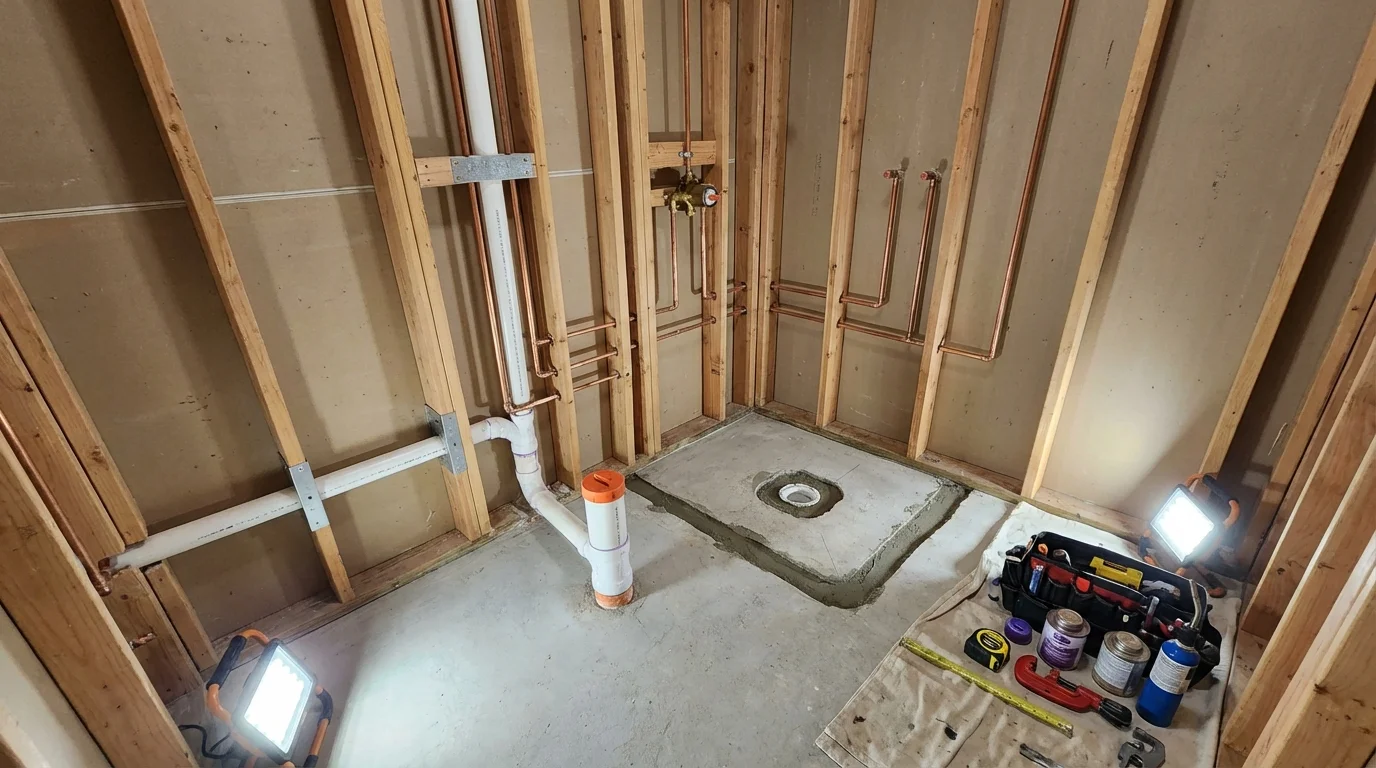 Bathroom rough-in plumbing during remodel by Johns Plumbing LLC in Fort Hancock