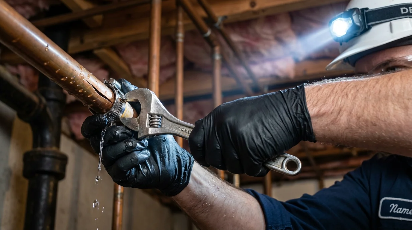 Emergency pipe clamp repair being performed by a Johns Plumbing LLC plumber in Fort Hancock