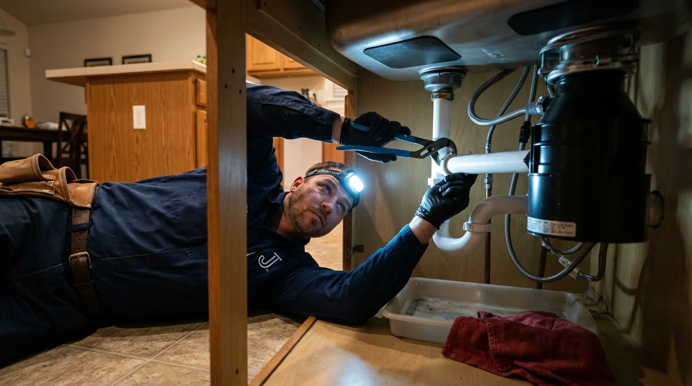 P-trap and supply line connections under a kitchen sink showing a common leak point in Fort Hancock, TX